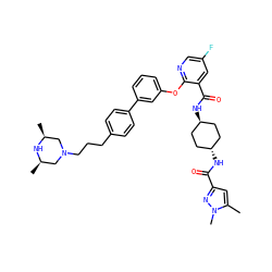 Cc1cc(C(=O)N[C@H]2CC[C@H](NC(=O)c3cc(F)cnc3Oc3cccc(-c4ccc(CCCN5C[C@H](C)N[C@H](C)C5)cc4)c3)CC2)nn1C ZINC000163639863