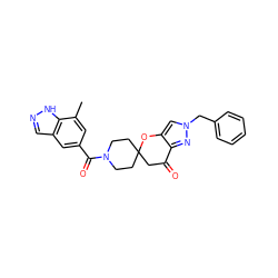 Cc1cc(C(=O)N2CCC3(CC2)CC(=O)c2nn(Cc4ccccc4)cc2O3)cc2cn[nH]c12 ZINC000073295378