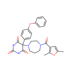 Cc1cc(C(=O)N2CCCN(C3(c4ccc(Oc5ccccc5)cc4)C(=O)NC(=O)NC3=O)CC2)c(C)o1 ZINC000072108686