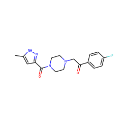 Cc1cc(C(=O)N2CCN(CC(=O)c3ccc(F)cc3)CC2)n[nH]1 ZINC000058574695