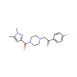 Cc1cc(C(=O)N2CCN(CC(=O)c3ccc(F)cc3)CC2)nn1C ZINC000058568862
