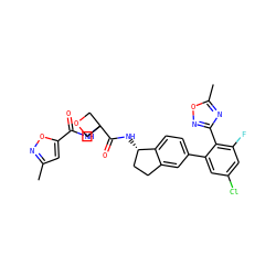 Cc1cc(C(=O)NC2(C(=O)N[C@H]3CCc4cc(-c5cc(Cl)cc(F)c5-c5noc(C)n5)ccc43)COC2)on1 ZINC000142264492