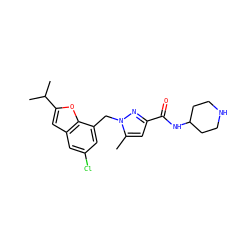 Cc1cc(C(=O)NC2CCNCC2)nn1Cc1cc(Cl)cc2cc(C(C)C)oc12 ZINC000073162823