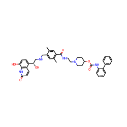 Cc1cc(C(=O)NCCN2CCC(OC(=O)Nc3ccccc3-c3ccccc3)CC2)c(C)cc1CNC[C@H](O)c1ccc(O)c2[nH]c(=O)ccc12 ZINC000299870705