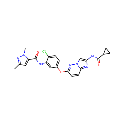 Cc1cc(C(=O)Nc2cc(Oc3ccc4nc(NC(=O)C5CC5)cn4n3)ccc2Cl)n(C)n1 ZINC000095604453