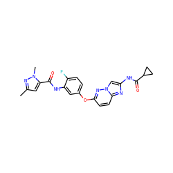 Cc1cc(C(=O)Nc2cc(Oc3ccc4nc(NC(=O)C5CC5)cn4n3)ccc2F)n(C)n1 ZINC000095602102