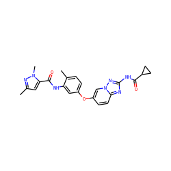 Cc1cc(C(=O)Nc2cc(Oc3ccc4nc(NC(=O)C5CC5)nn4c3)ccc2C)n(C)n1 ZINC000096916314