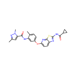 Cc1cc(C(=O)Nc2cc(Oc3ccc4nc(NC(=O)C5CC5)sc4n3)ccc2C)n(C)n1 ZINC000096916320
