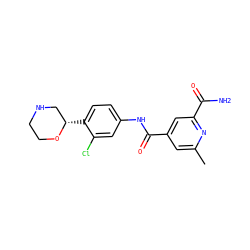 Cc1cc(C(=O)Nc2ccc([C@H]3CNCCO3)c(Cl)c2)cc(C(N)=O)n1 ZINC000149877832