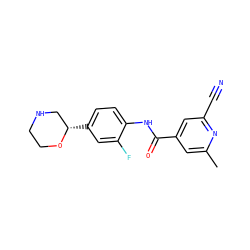 Cc1cc(C(=O)Nc2ccc([C@H]3CNCCO3)cc2F)cc(C#N)n1 ZINC000149956792