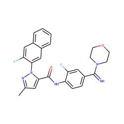 Cc1cc(C(=O)Nc2ccc(C(=N)N3CCOCC3)cc2F)n(-c2cc3ccccc3cc2F)n1 ZINC000028235377