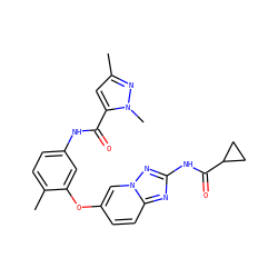Cc1cc(C(=O)Nc2ccc(C)c(Oc3ccc4nc(NC(=O)C5CC5)nn4c3)c2)n(C)n1 ZINC000096916322
