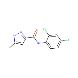 Cc1cc(C(=O)Nc2ccc(F)cc2Cl)n[nH]1 ZINC000225448715