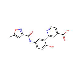 Cc1cc(C(=O)Nc2ccc(O)c(-c3cc(C(=O)O)ccn3)c2)no1 ZINC000263621063