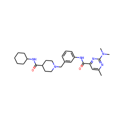 Cc1cc(C(=O)Nc2cccc(CN3CCC(C(=O)NC4CCCCC4)CC3)c2)nc(N(C)C)n1 ZINC001772640142
