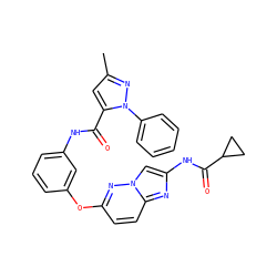 Cc1cc(C(=O)Nc2cccc(Oc3ccc4nc(NC(=O)C5CC5)cn4n3)c2)n(-c2ccccc2)n1 ZINC000095602856