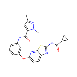 Cc1cc(C(=O)Nc2cccc(Oc3ccc4nc(NC(=O)C5CC5)sc4n3)c2)n(C)n1 ZINC000096273373