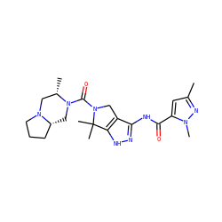 Cc1cc(C(=O)Nc2n[nH]c3c2CN(C(=O)N2C[C@@H]4CCCN4C[C@@H]2C)C3(C)C)n(C)n1 ZINC000114179918
