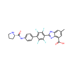 Cc1cc(C(=O)O)c2nc(-c3c(F)c(F)c(-c4ccc(NC(=O)[C@@H]5CCCN5)cc4)c(F)c3F)[nH]c2c1 ZINC000141393601