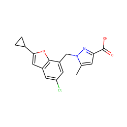 Cc1cc(C(=O)O)nn1Cc1cc(Cl)cc2cc(C3CC3)oc12 ZINC000073161848