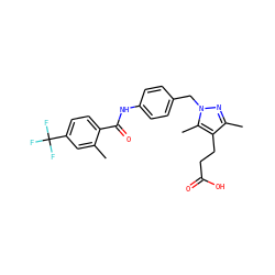 Cc1cc(C(F)(F)F)ccc1C(=O)Nc1ccc(Cn2nc(C)c(CCC(=O)O)c2C)cc1 ZINC000168932268