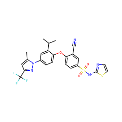 Cc1cc(C(F)(F)F)nn1-c1ccc(Oc2ccc(S(=O)(=O)Nc3nccs3)cc2C#N)c(C(C)C)c1 ZINC000095580789