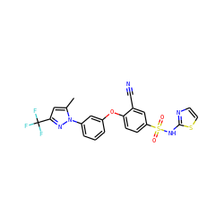 Cc1cc(C(F)(F)F)nn1-c1cccc(Oc2ccc(S(=O)(=O)Nc3nccs3)cc2C#N)c1 ZINC000095583439