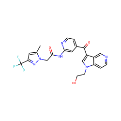 Cc1cc(C(F)(F)F)nn1CC(=O)Nc1cc(C(=O)c2cn(CCO)c3ccncc23)ccn1 ZINC001772648272