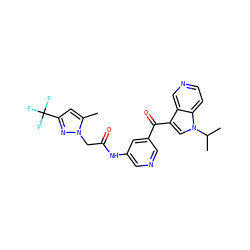 Cc1cc(C(F)(F)F)nn1CC(=O)Nc1cncc(C(=O)c2cn(C(C)C)c3ccncc23)c1 ZINC001772633643