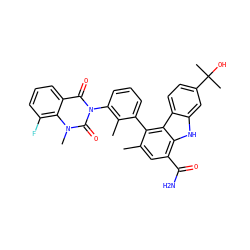 Cc1cc(C(N)=O)c2[nH]c3cc(C(C)(C)O)ccc3c2c1-c1cccc(-n2c(=O)c3cccc(F)c3n(C)c2=O)c1C ZINC000222828866