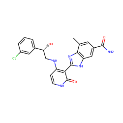 Cc1cc(C(N)=O)cc2[nH]c(-c3c(NC[C@@H](O)c4cccc(Cl)c4)cc[nH]c3=O)nc12 ZINC000028703671