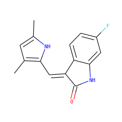 Cc1cc(C)c(/C=C2/C(=O)Nc3cc(F)ccc32)[nH]1 ZINC000026834524