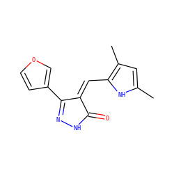 Cc1cc(C)c(/C=C2\C(=O)NN=C2c2ccoc2)[nH]1 ZINC000036338800