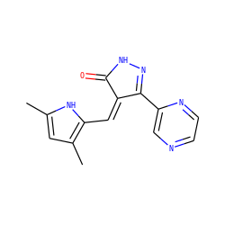 Cc1cc(C)c(/C=C2\C(=O)NN=C2c2cnccn2)[nH]1 ZINC000036338805