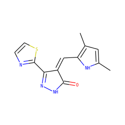 Cc1cc(C)c(/C=C2\C(=O)NN=C2c2nccs2)[nH]1 ZINC000036338804