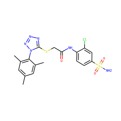 Cc1cc(C)c(-n2nnnc2SCC(=O)Nc2ccc(S(N)(=O)=O)cc2Cl)c(C)c1 ZINC000034816691