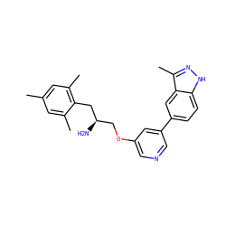 Cc1cc(C)c(C[C@H](N)COc2cncc(-c3ccc4[nH]nc(C)c4c3)c2)c(C)c1 ZINC000014961712
