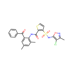 Cc1cc(C)c(NC(=O)c2sccc2S(=O)(=O)Nc2onc(C)c2Cl)c(C(=O)c2ccccc2)c1 ZINC000026151483