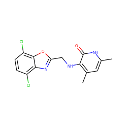 Cc1cc(C)c(NCc2nc3c(Cl)ccc(Cl)c3o2)c(=O)[nH]1 ZINC000005891914
