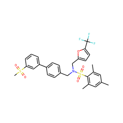 Cc1cc(C)c(S(=O)(=O)N(Cc2ccc(-c3cccc(S(C)(=O)=O)c3)cc2)Cc2ccc(C(F)(F)F)o2)c(C)c1 ZINC000049781343