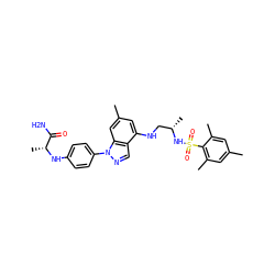 Cc1cc(C)c(S(=O)(=O)N[C@@H](C)CNc2cc(C)cc3c2cnn3-c2ccc(N[C@H](C)C(N)=O)cc2)c(C)c1 ZINC000066075425