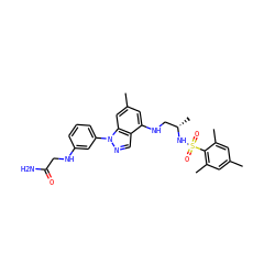 Cc1cc(C)c(S(=O)(=O)N[C@@H](C)CNc2cc(C)cc3c2cnn3-c2cccc(NCC(N)=O)c2)c(C)c1 ZINC000066075682