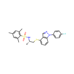 Cc1cc(C)c(S(=O)(=O)N[C@@H](C)CSc2cccc3c2cnn3-c2ccc(F)cc2)c(C)c1 ZINC000137430770