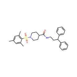 Cc1cc(C)c(S(=O)(=O)N2CCC(C(=O)NCCC(c3ccccc3)c3ccccc3)CC2)c(C)c1 ZINC000040401227