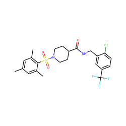 Cc1cc(C)c(S(=O)(=O)N2CCC(C(=O)NCc3cc(C(F)(F)F)ccc3Cl)CC2)c(C)c1 ZINC000040406366