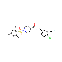 Cc1cc(C)c(S(=O)(=O)N2CCC(C(=O)NCc3ccc(Cl)c(C(F)(F)F)c3)CC2)c(C)c1 ZINC000040897004