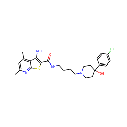 Cc1cc(C)c2c(N)c(C(=O)NCCCCN3CCC(O)(c4ccc(Cl)cc4)CC3)sc2n1 ZINC000169329350