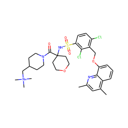 Cc1cc(C)c2cccc(OCc3c(Cl)ccc(S(=O)(=O)NC4(C(=O)N5CCC(C[N+](C)(C)C)CC5)CCOCC4)c3Cl)c2n1 ZINC000082175511