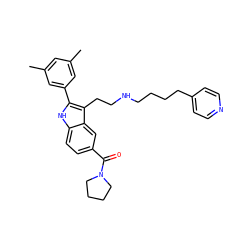 Cc1cc(C)cc(-c2[nH]c3ccc(C(=O)N4CCCC4)cc3c2CCNCCCCc2ccncc2)c1 ZINC000029417170