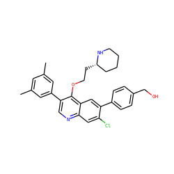 Cc1cc(C)cc(-c2cnc3cc(Cl)c(-c4ccc(CO)cc4)cc3c2OCC[C@H]2CCCCN2)c1 ZINC000071297140